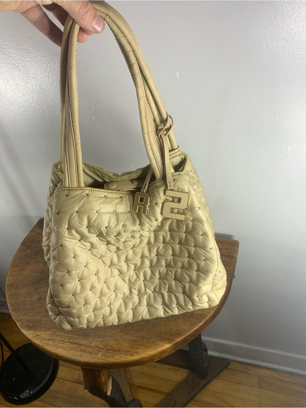 Sonia Rykiel Beige Quilted Studded Nylon Tote Bag Pink Lining Large Shoulder Bag